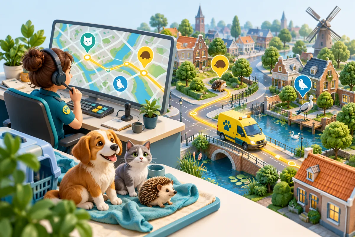 Sfeerillustratie van een centralist, een regiokaart en een dierenambulance.