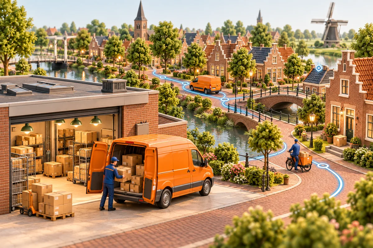 Sfeerillustratie van een pakketdepot, oranje bestelwagens en bezorgroutes door een Nederlandse plaats.