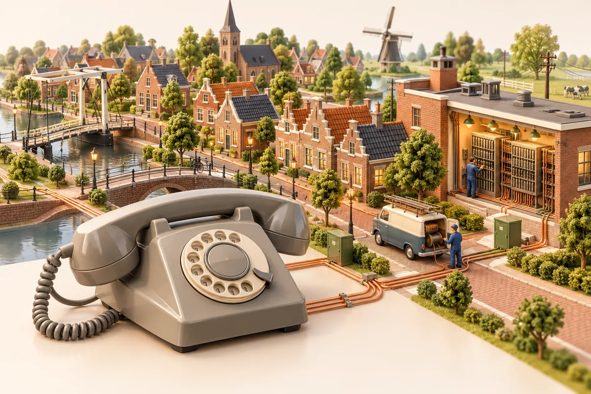 Sfeerillustratie van een draaischijftelefoon, Nederlandse huizen en een telefooncentrale.